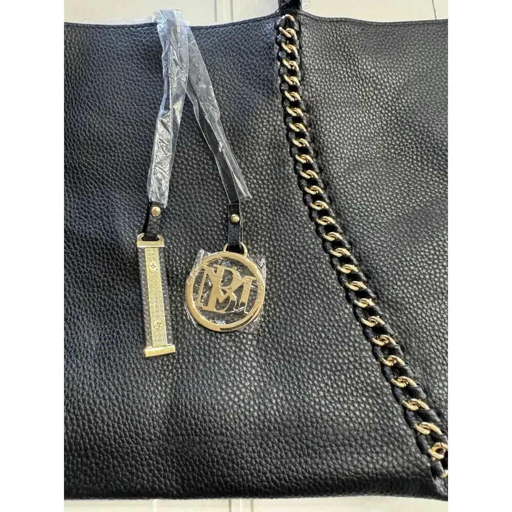 Badgley Mischka Black Chain Link Vegan Leather Large Tote Charms NWT $139 - Picture 2 of 5